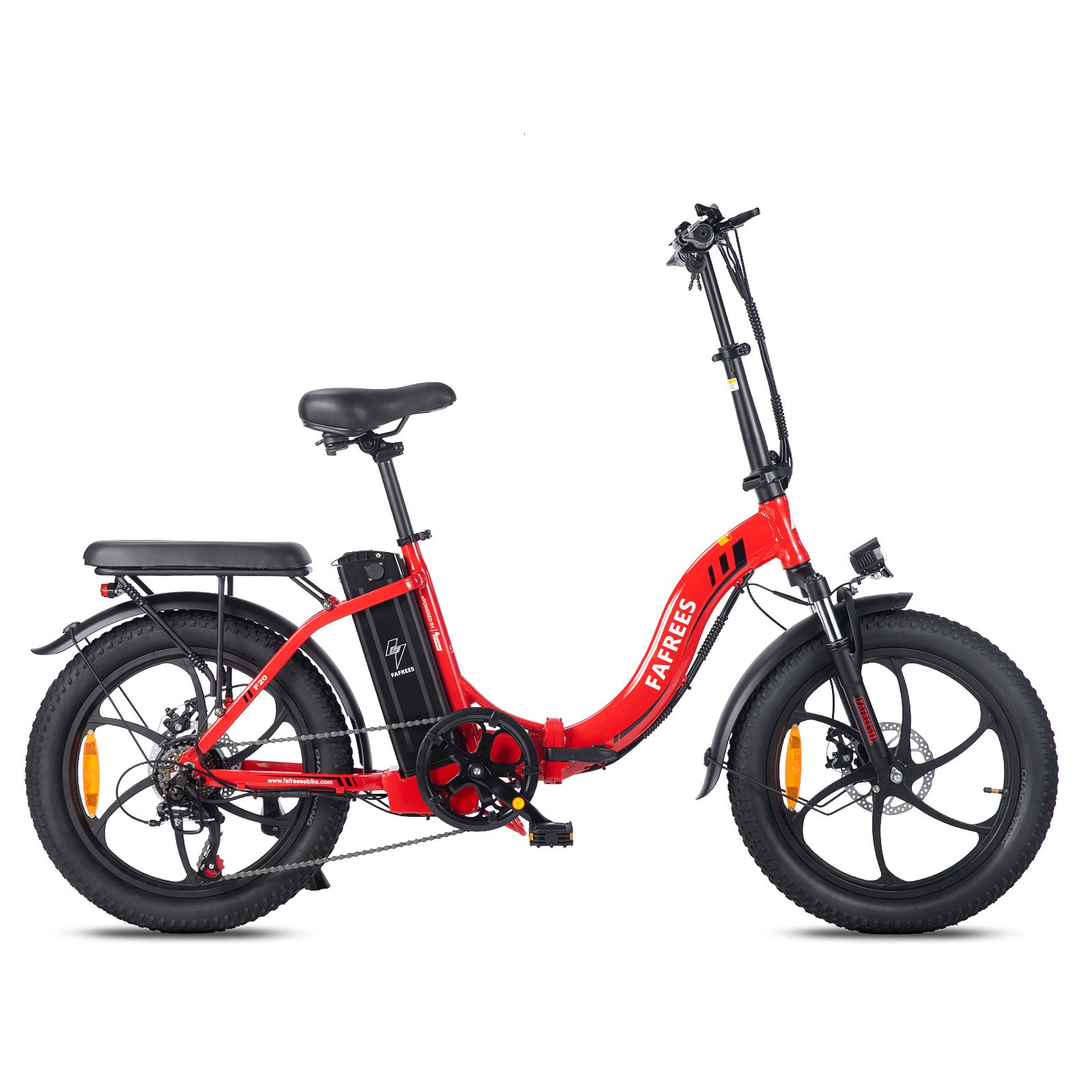 Rotes FAFREES F20 Klapp-E-Bike. Schwarze Reifen, Sattel und Gepäckträger. Akku am Rahmen. Beleuchtung und Schutzbleche.