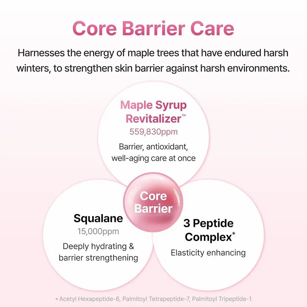 Diagramm mit Text: Maple Syrup Revitalizer, Squalane, 3 Peptide Complex. Kern: Core Barrier.