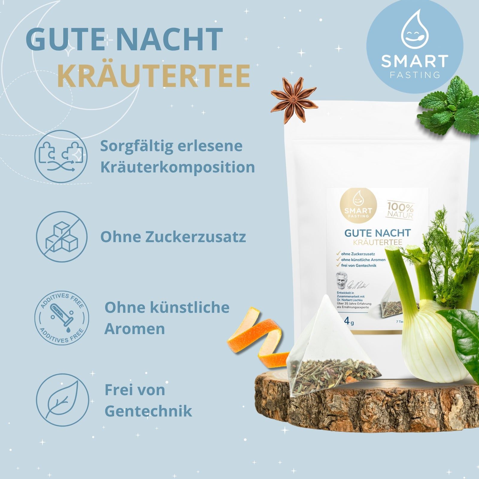 Weißer Beutel mit Kräutertee, Text: Gute Nacht Kräutertee, ohne Zuckerzusatz, ohne künstliche Aromen, frei von Gentechnik. Teebeutel auf Holz.