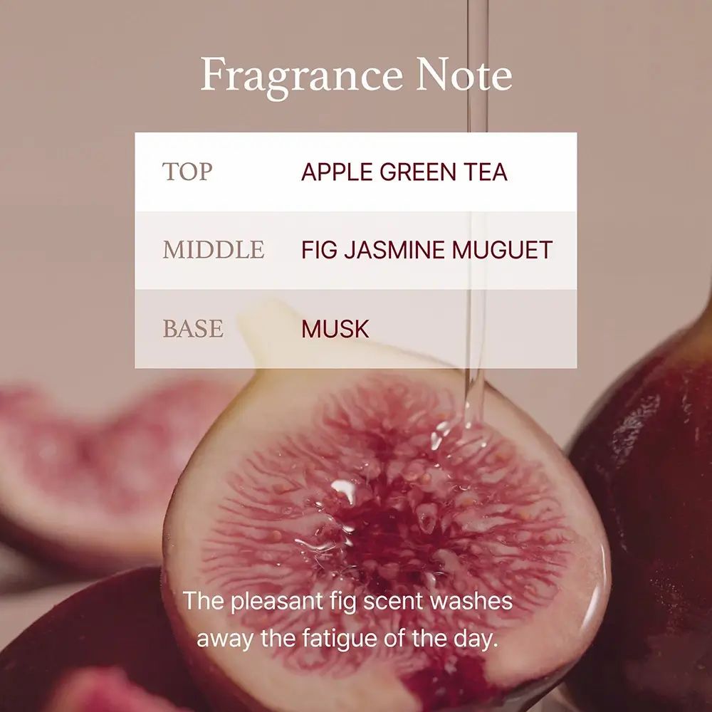 Feige mit Tropfen. Text: 'Fragrance Note'. Duftnoten: Apfel, Feige, Moschus.