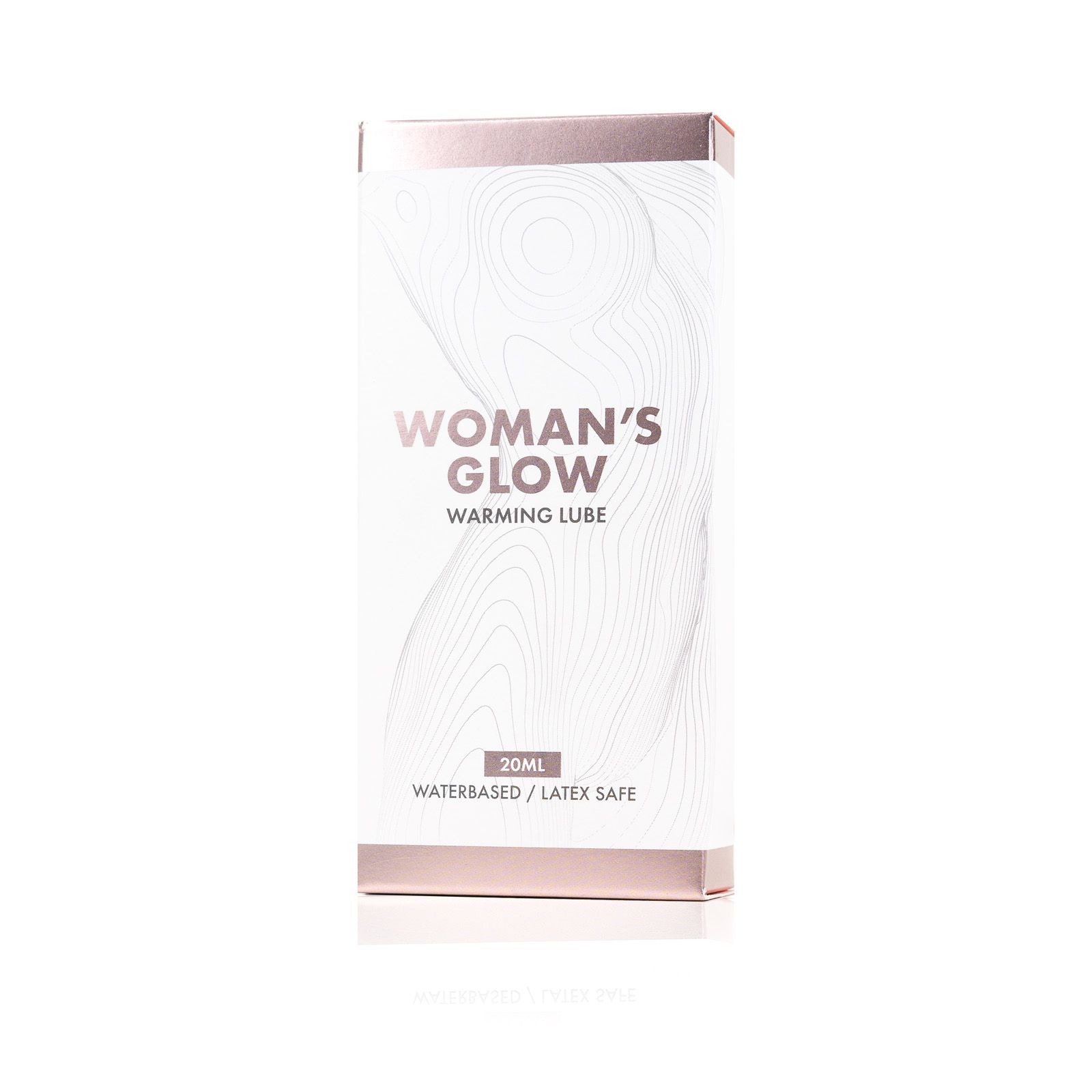 Verpackung von WOMAN'S GLOW Warming Lube. Weißer Karton mit rosa Akzenten. Produktname und Logo.