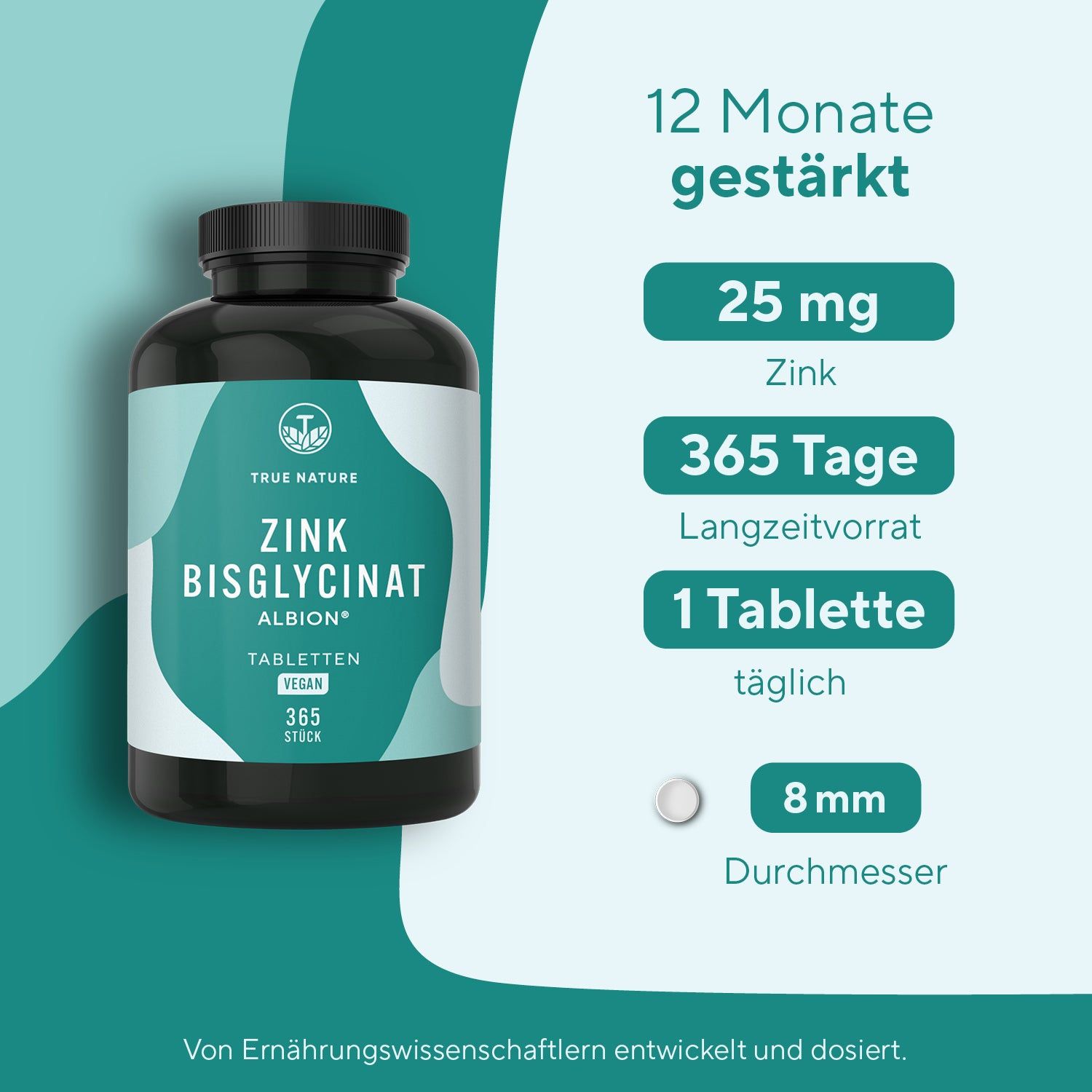Schwarze Dose mit TRUE NATURE Zink Bisglycinat Tabletten, 365 Stück. Daneben Informationen zu 25 mg Zink, 1 Tablette täglich, 8 mm Durchmesser.