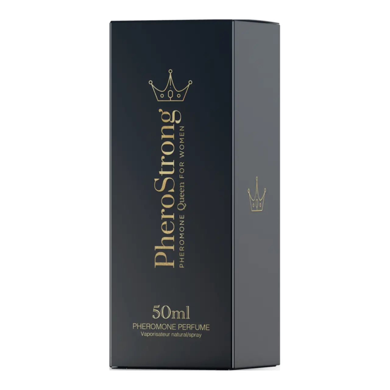 Schwarze Schachtel mit goldener Aufschrift PheroStrong, Pheromone Queen for Women, 50ml. Vertikale Ansicht.