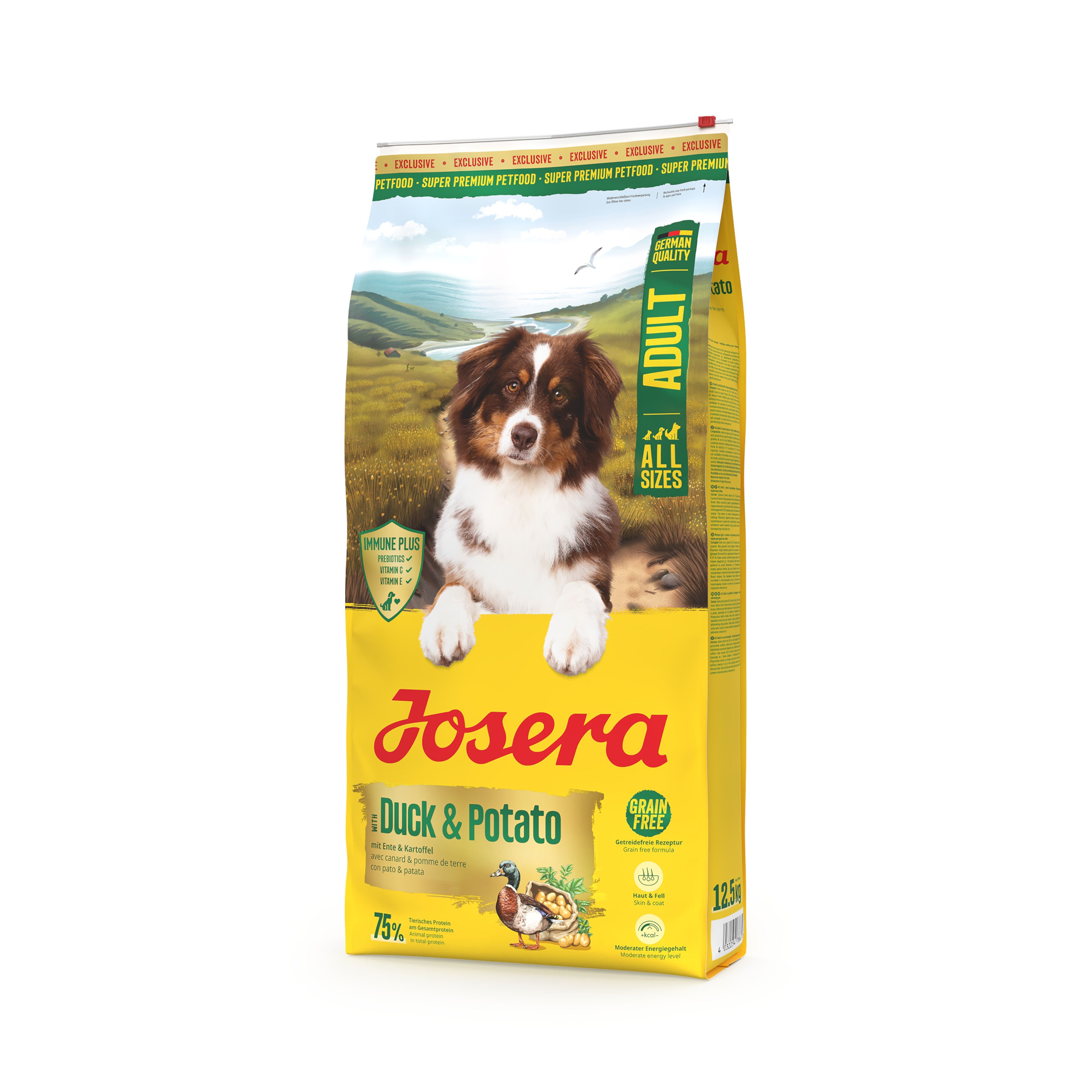 Gelbe Verpackung mit Hund, Produktname und Logo. Text: JOSERA Adult Duck & Potato. Mit Ente & Kartoffel. Getreidefrei.