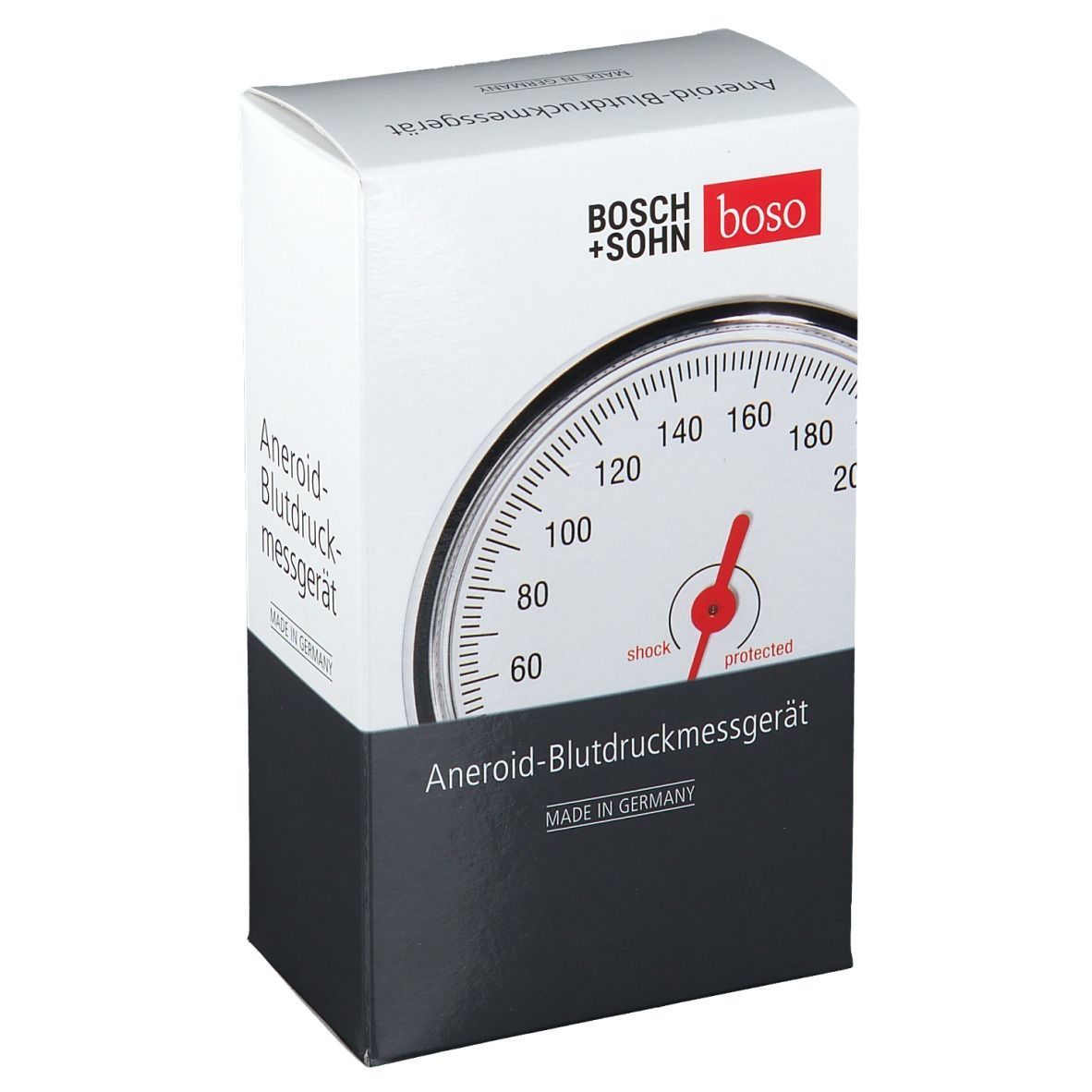 Verpackung mit Anzeigetafel. Marke Bosch+Sohn boso. Zifferblatt mit rotem Zeiger. Made in Germany.
