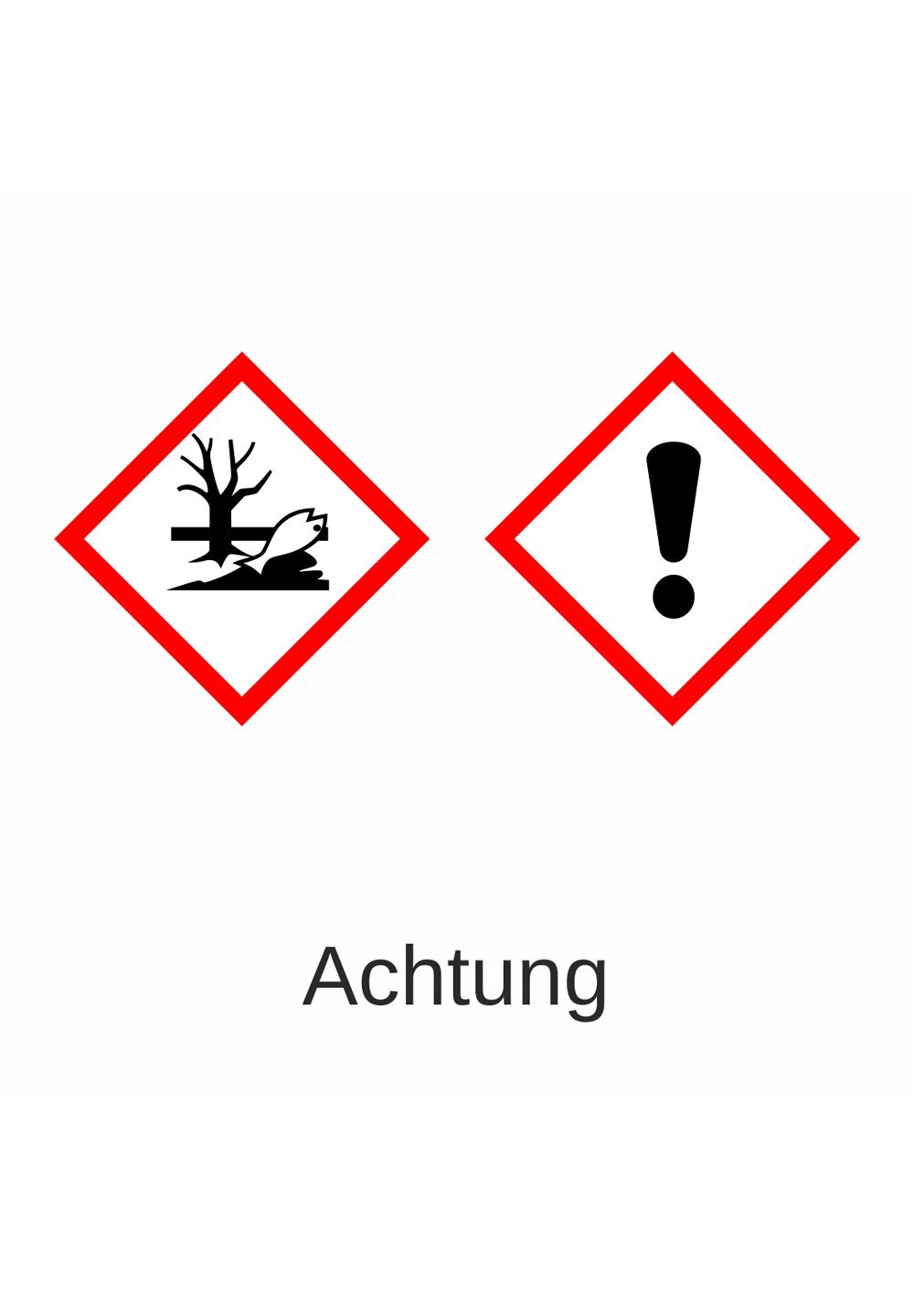 Gefahrensymbole: Umweltgefährdend und Ausrufezeichen. Text: Achtung.