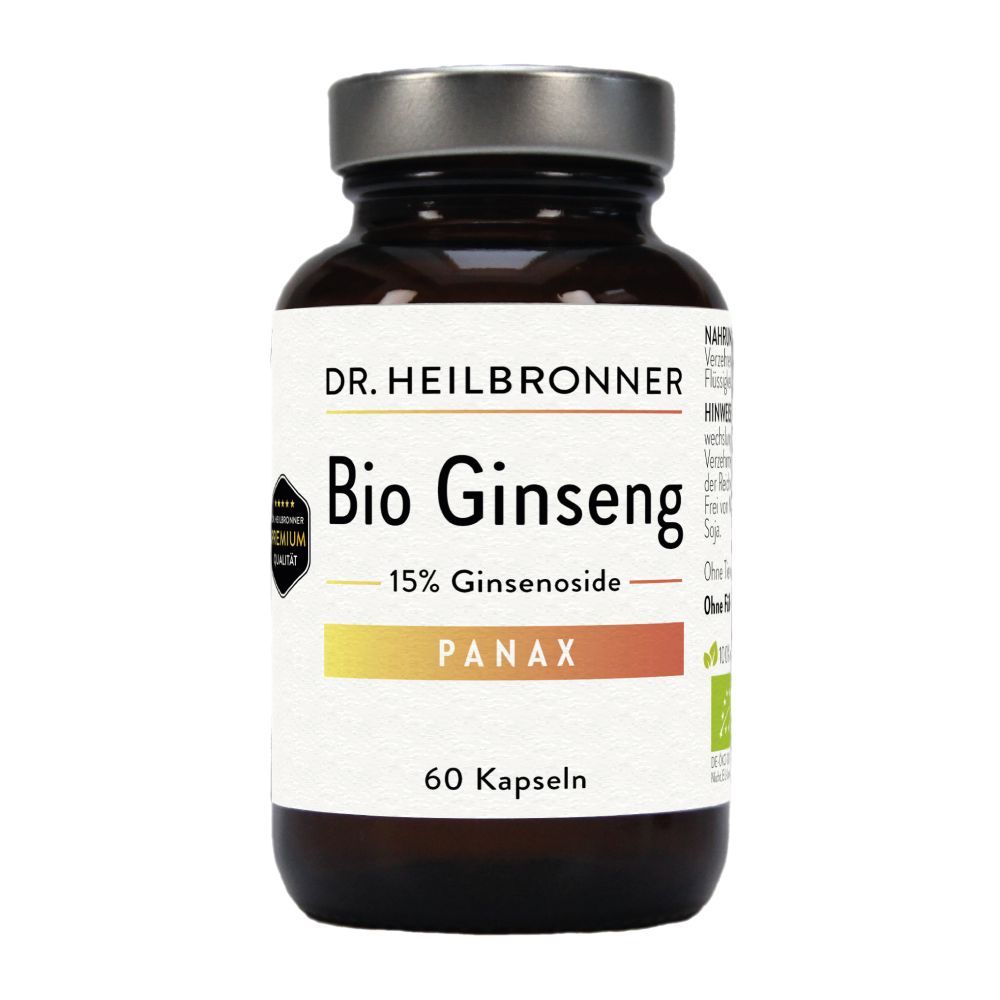 Braune Glasflasche mit weißem Etikett. Aufschrift: Bio Ginseng, 15% Ginsenoside, PANAX, 60 Kapseln. Premium Qualität.