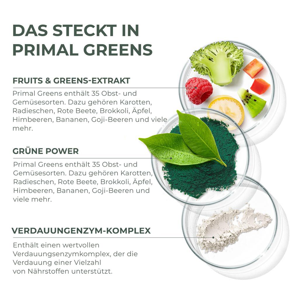 Inhaltsstoffe von Primal Greens. 35 Obst- und Gemüsesorten. Grüne Power. Verdauungsenzym-Komplex.