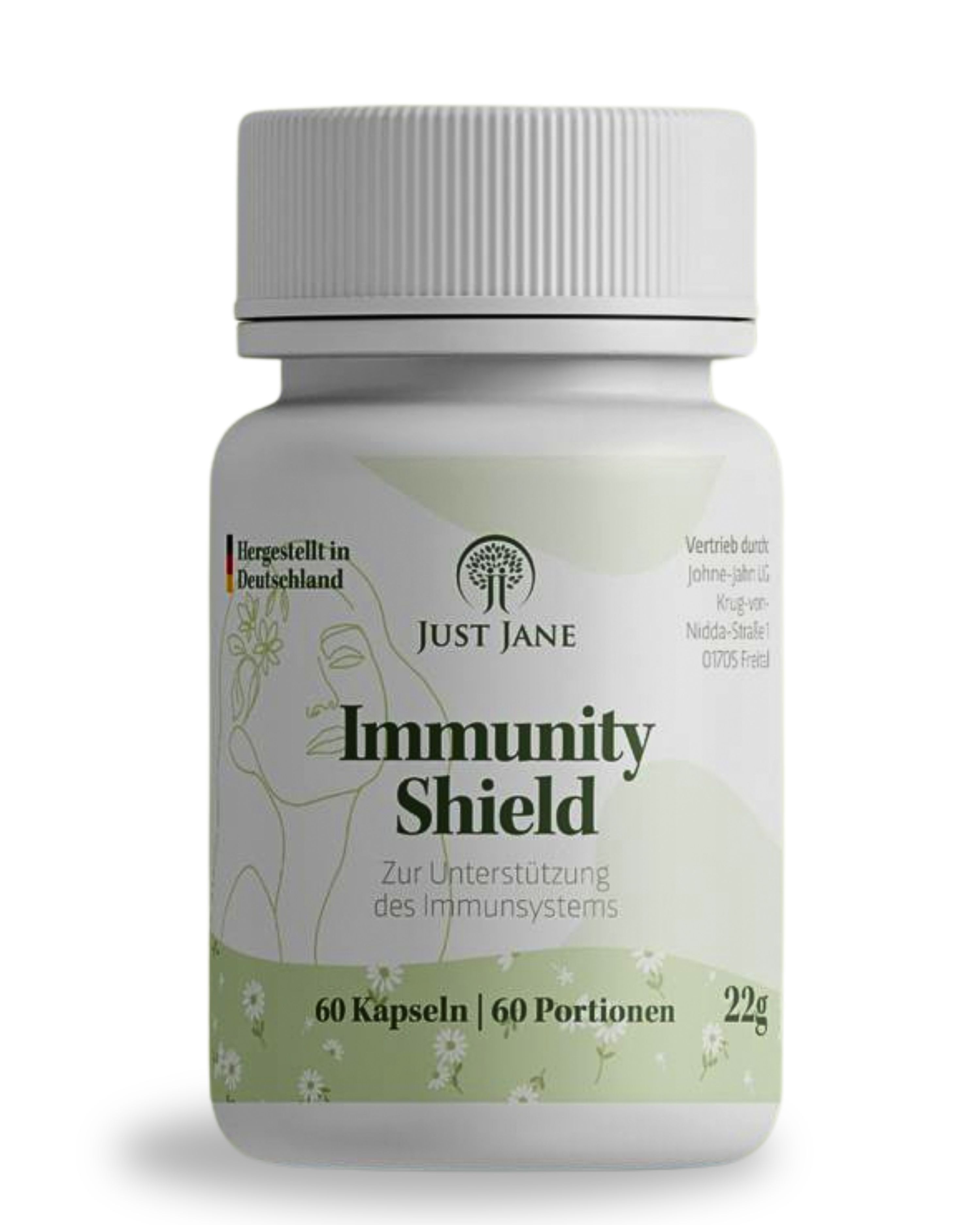 Weiße Flasche mit Kapseln. Aufschrift: Just Jane Immunity Shield. Enthält 60 Kapseln. Hergestellt in Deutschland.