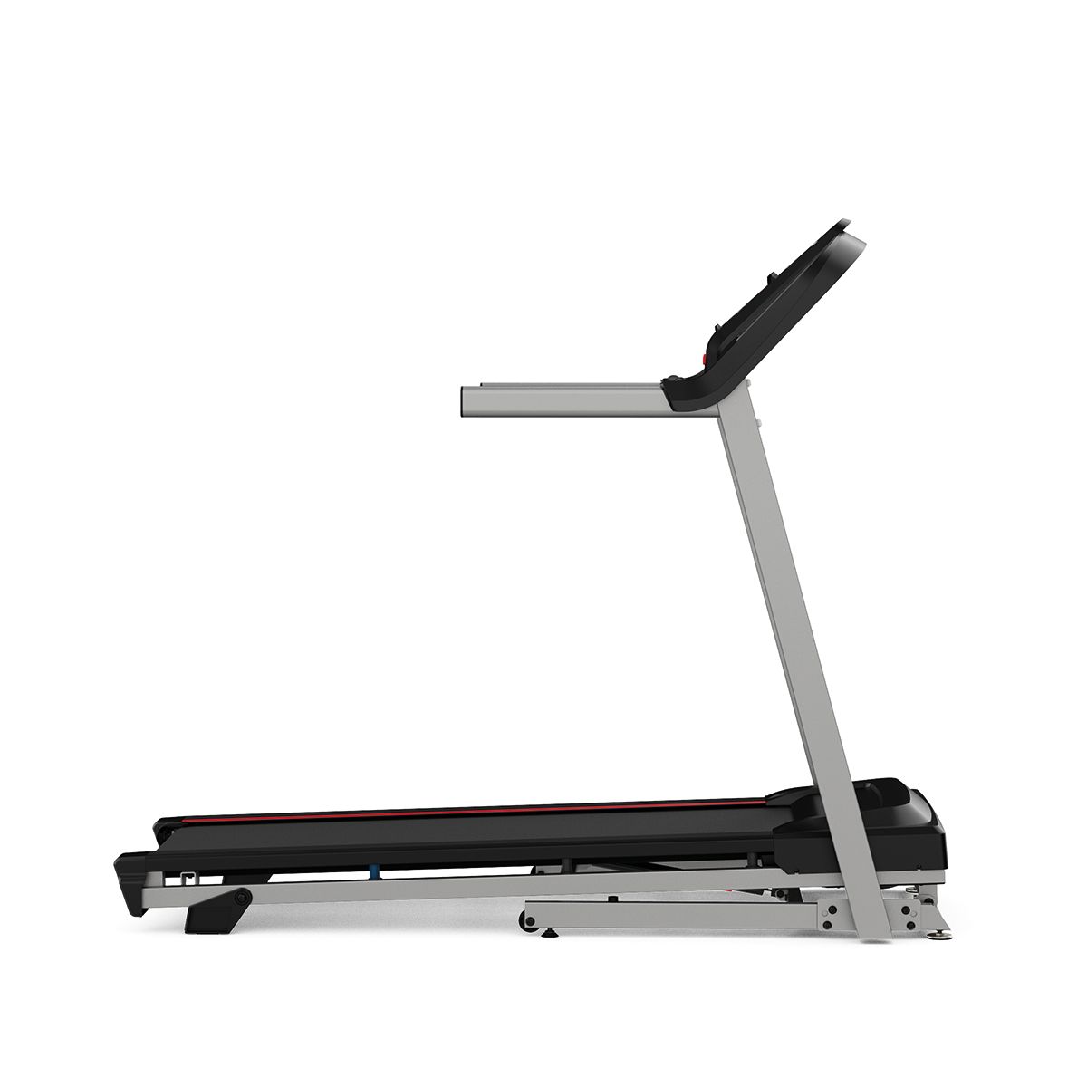 Seitenansicht eines Laufbands mit schwarzer Lauffläche, grauem Rahmen und Bedienkonsole. Das Gerät ist zusammengeklappt.