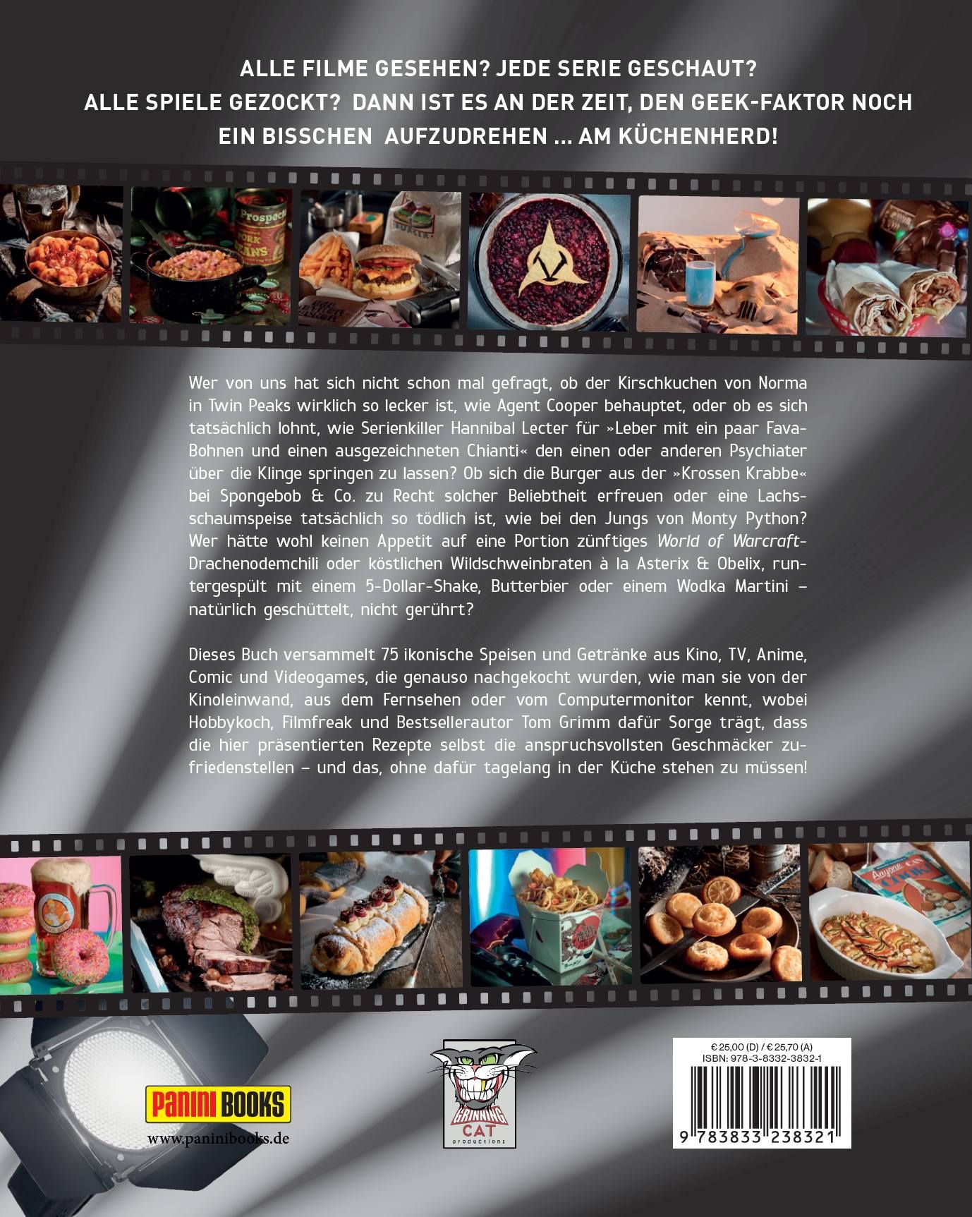 Buch HOLLYFOOD, Rückseite. Text und Fotos von Speisen. Panini Books Logo. ISBN-Code.