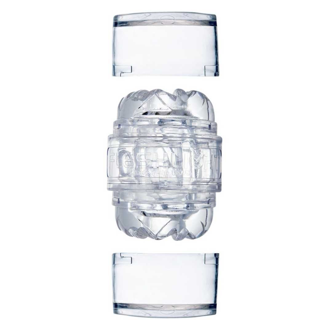 Zylindrisches Produkt, zerlegt in drei Teile. Transparentes Material. Ober- und Unterteil mit Deckel.