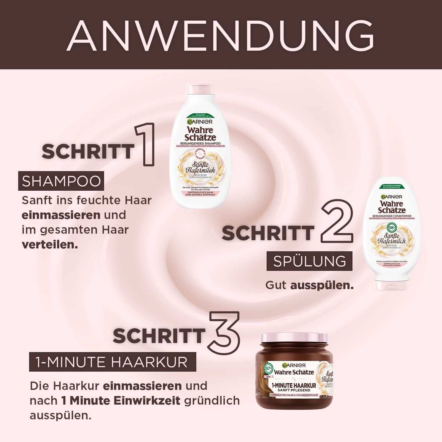 Anwendungsschritte: Shampoo, Spülung, 1-Minuten-Haarkur. Produkte: Garnier Wahre Schätze Sanfte Hafermilch. Hintergrund: Rosa.