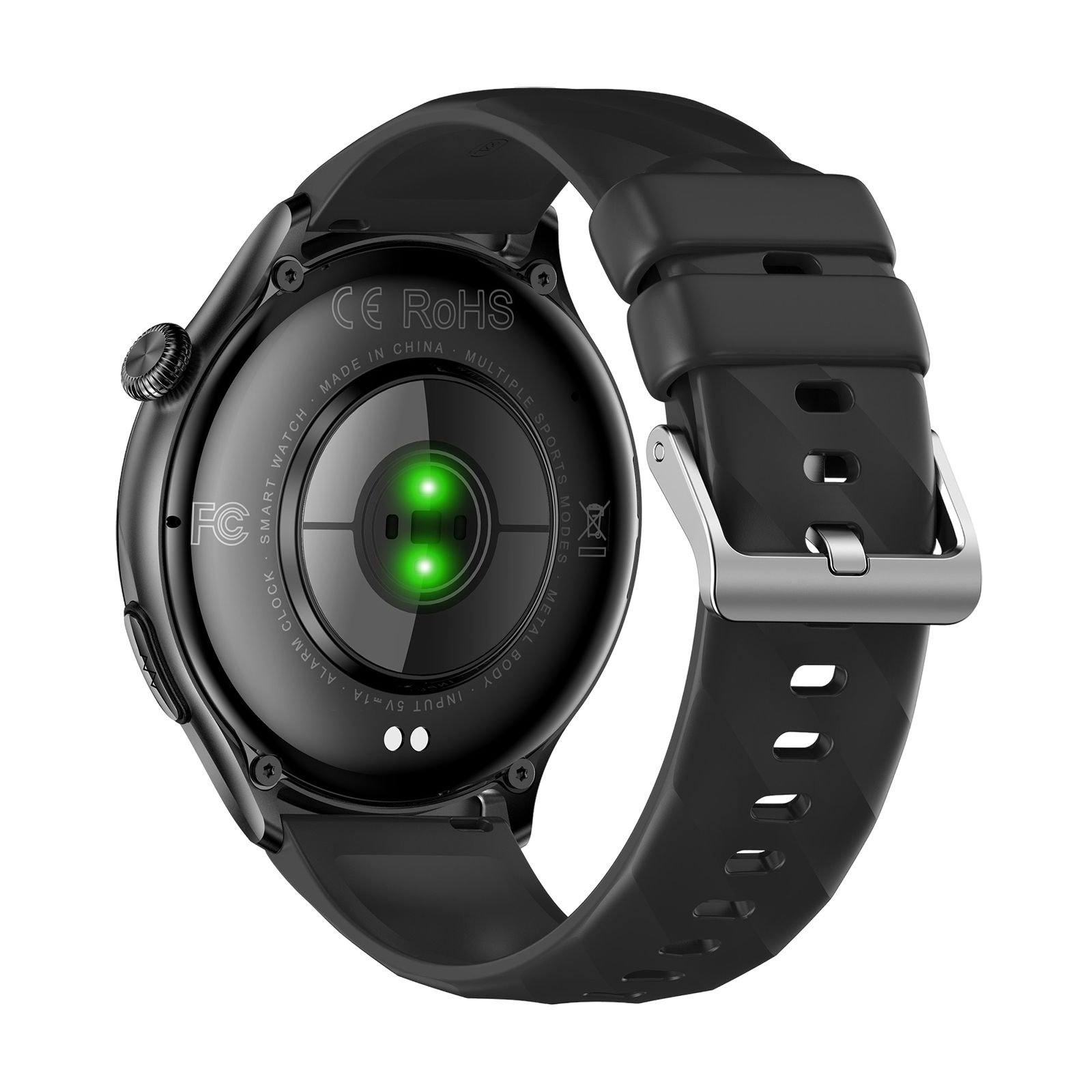 Rückseite einer schwarzen Smartwatch. Sensoren, CE-Zeichen und andere Markierungen sichtbar. Schwarzes Armband.