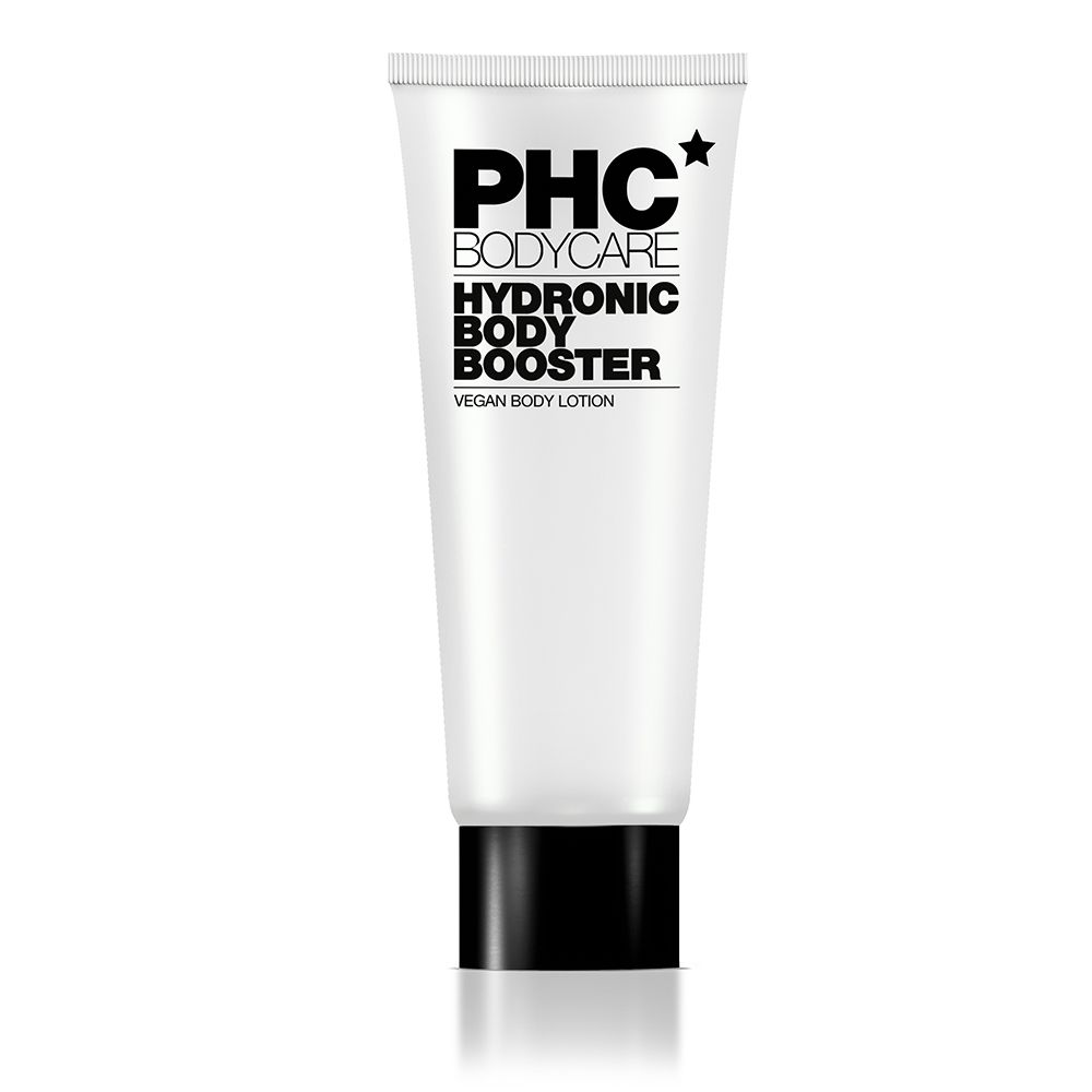 Weiße Tube mit schwarzem Deckel. Aufschrift: PHC Bodycare Hydronic Body Booster. Vegan Body Lotion.