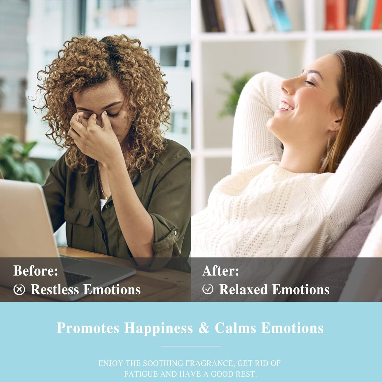 Zwei Bilder: Eine Frau mit Kopfschmerzen, eine Frau entspannt. Text: Promotes Happiness & Calms Emotions.