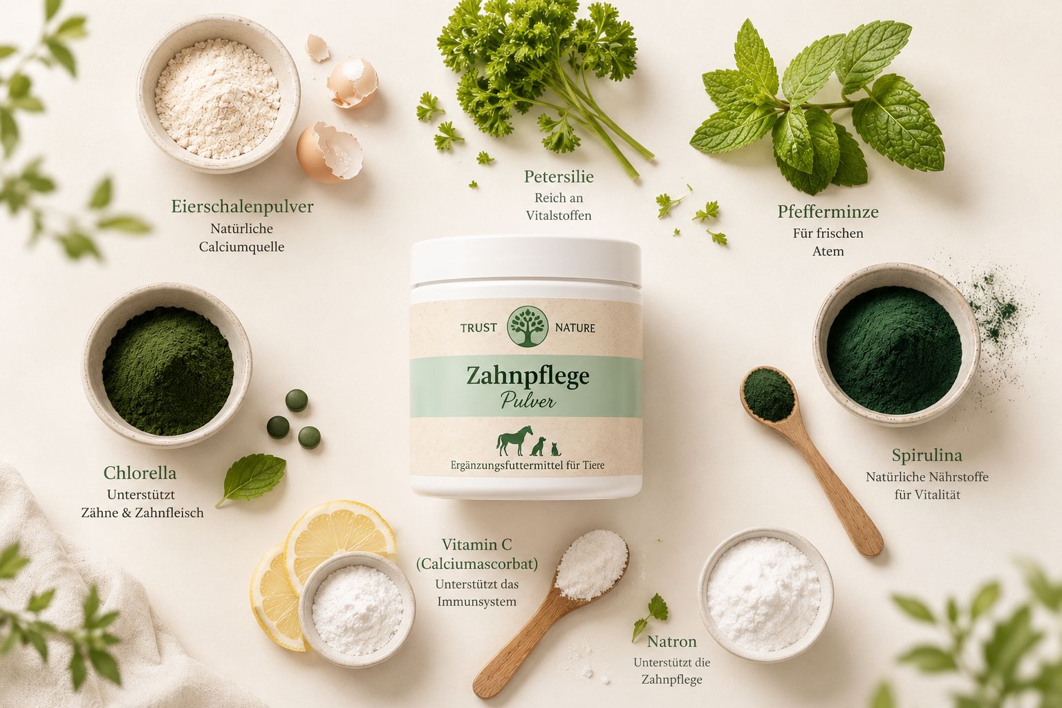 Trust Nature Zahnpflege Pulver umgeben von Zutaten wie Chlorella, Spirulina und Vitamin C.