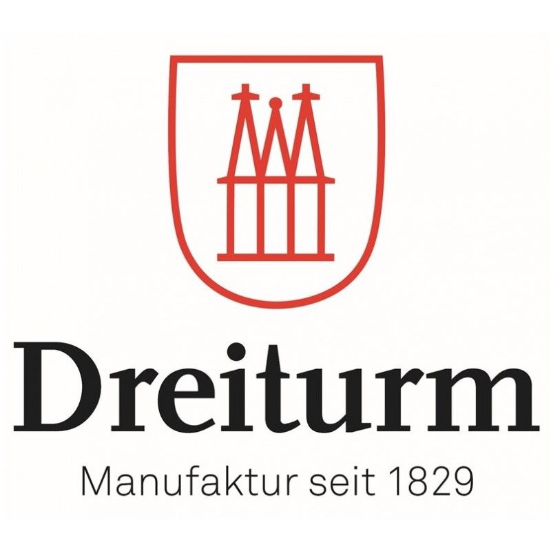 Logo DREITURM. Rotes Wappen mit Türmen. Schwarzer Schriftzug DREITURM. Text: Manufaktur seit 1829.