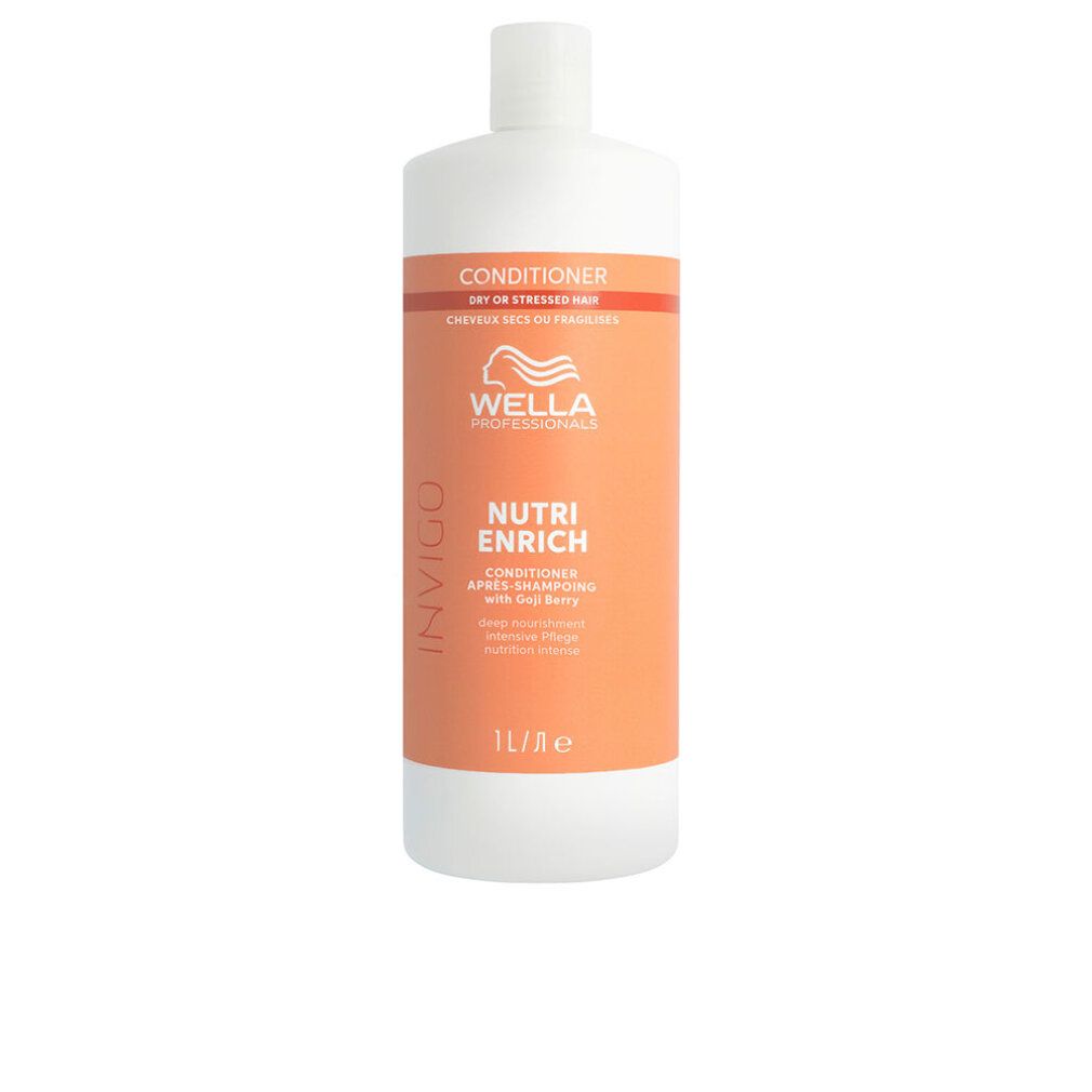 Wella Invigo Nutri-Enrich Conditioner. Flasche mit orangefarbenem Etikett. Text: Conditioner, Invigo, Nutri Enrich, 1L.