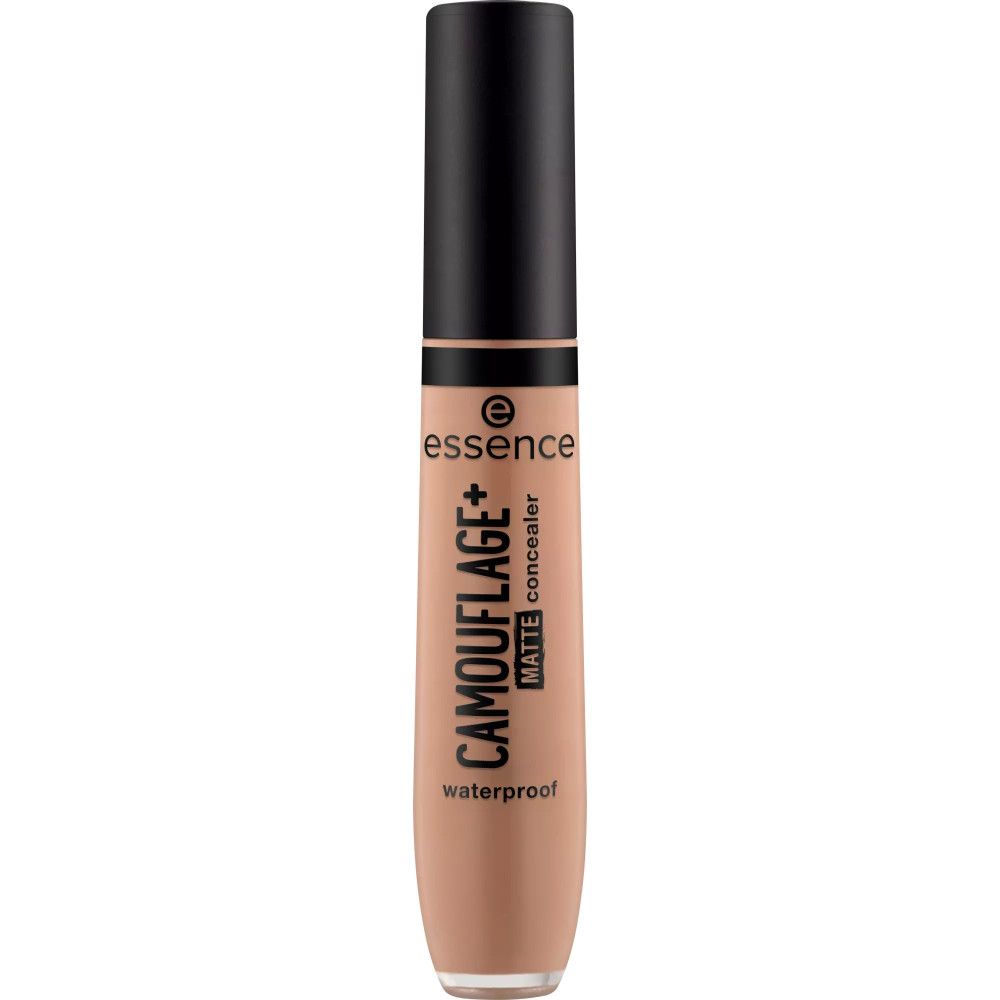Beige Concealer-Tube mit schwarzem Deckel. Aufschrift: CAMOUFLAGE+ matte concealer waterproof. Marke: essence.