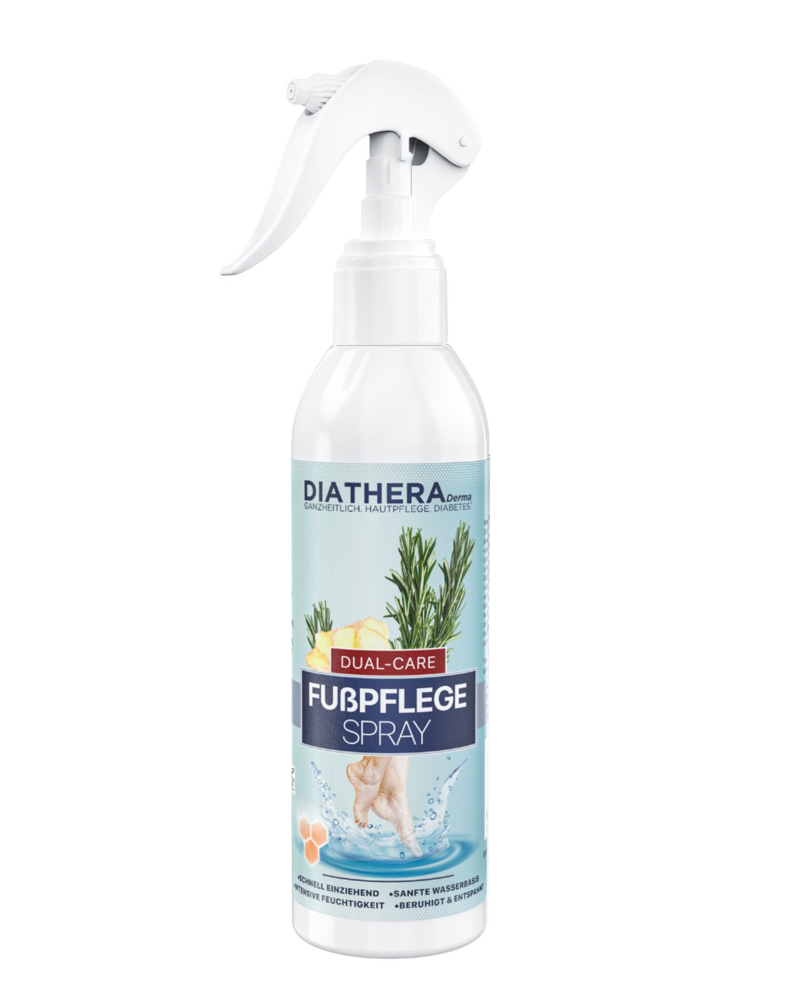 DIATHERA Derma Fußpflege-Spray mit Rosmarin und Ingwer in einer weißen Sprühflasche.