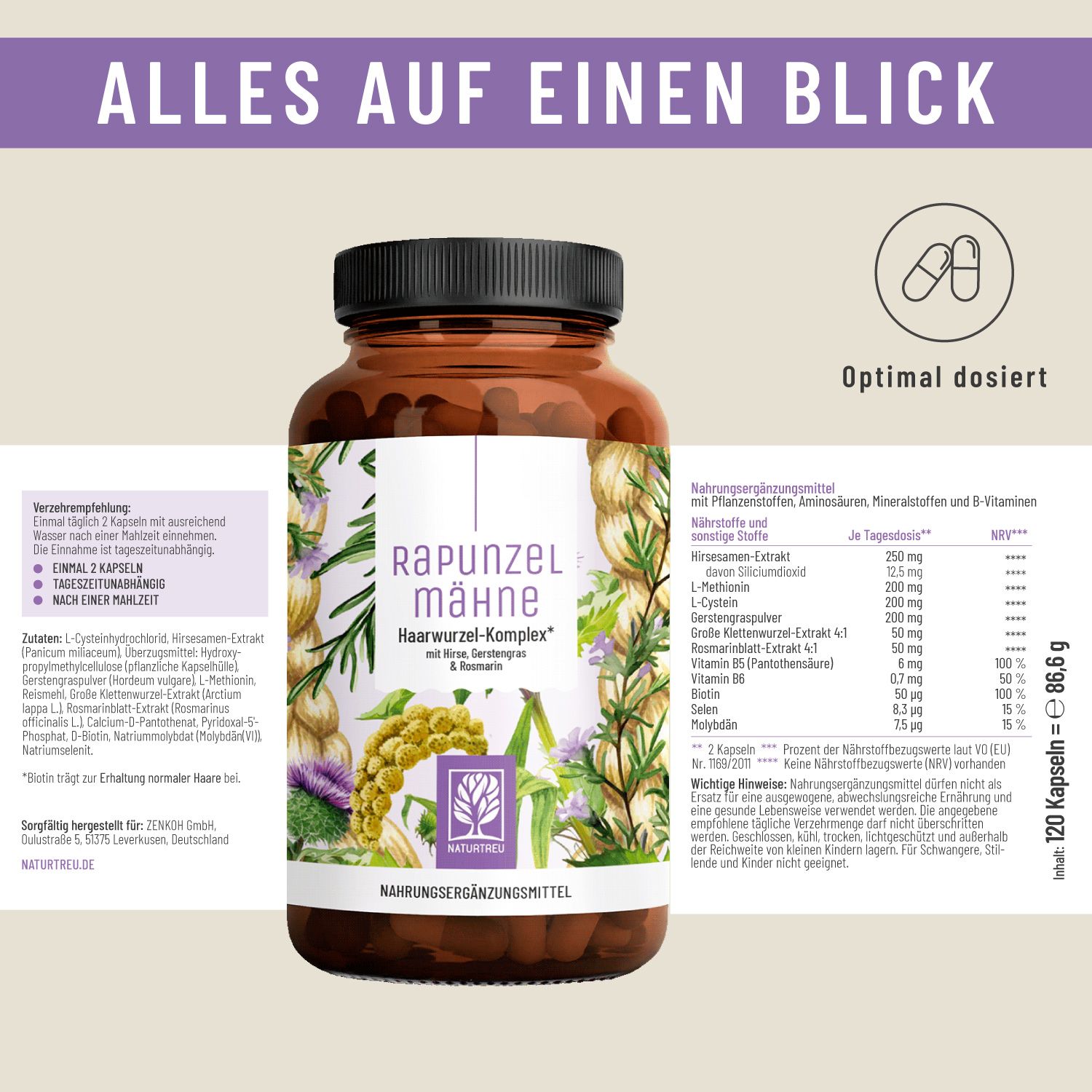 Braune Flasche mit Produktinformationen. Produktname: Rapunzelmähne Haarwurzel-Komplex. Inhaltsstoffe und Nährwertangaben. Logo NATURTREU®.