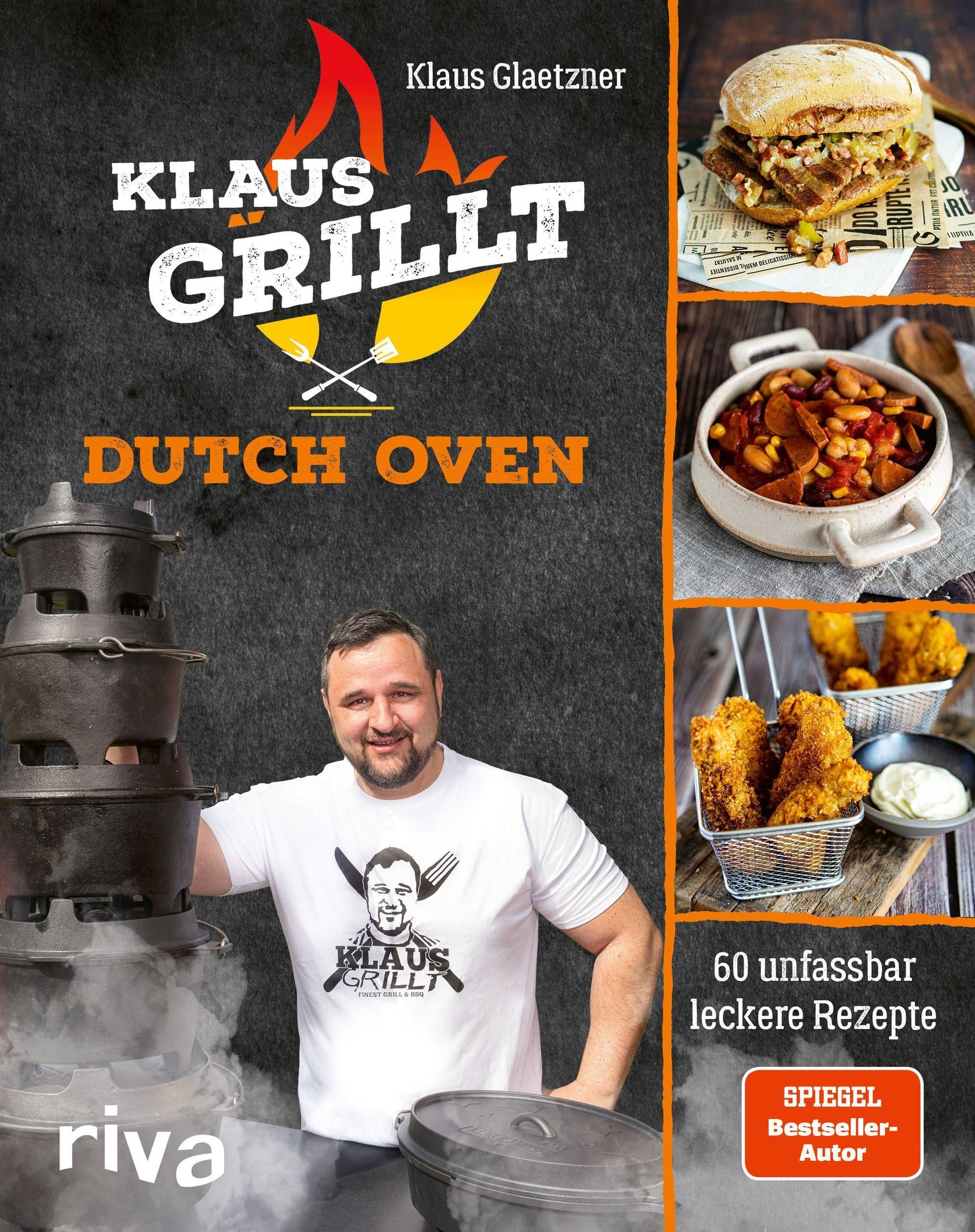 Buchcover: Klaus grillt Dutch Oven. Autor, Kochutensilien, Gerichte. Text in Deutsch. Riva Verlag.