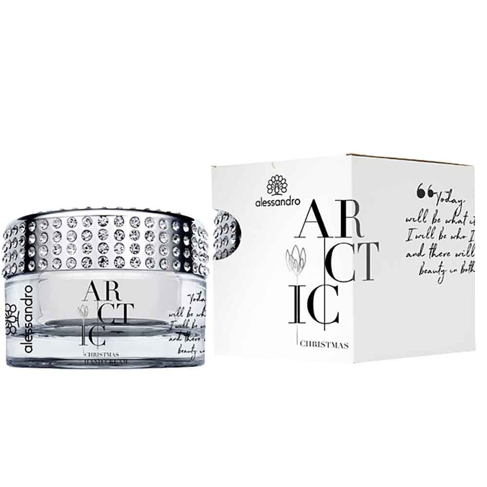 Creme-Glas mit Strass-Rand und Verpackung. Aufschrift: ARCTIC, alessandro. Weiße Verpackung mit Text und Logo.