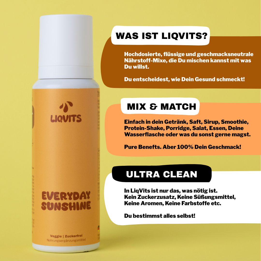 Text mit Informationen über LiqVits. Flasche mit Aufschrift: Everyday Sunshine.