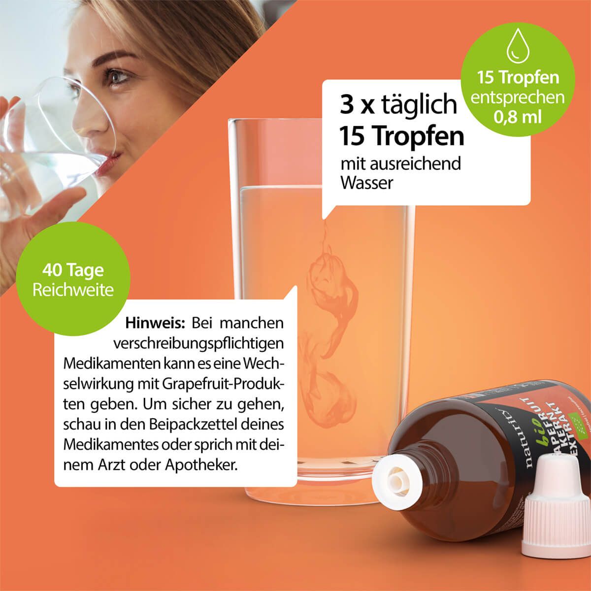 Person trinkt Wasser. Flasche mit 'Naturity Bio Grapefruit Kern Extrakt'. Glas mit Flüssigkeit. Text: '40 Tage Reichweite'.
