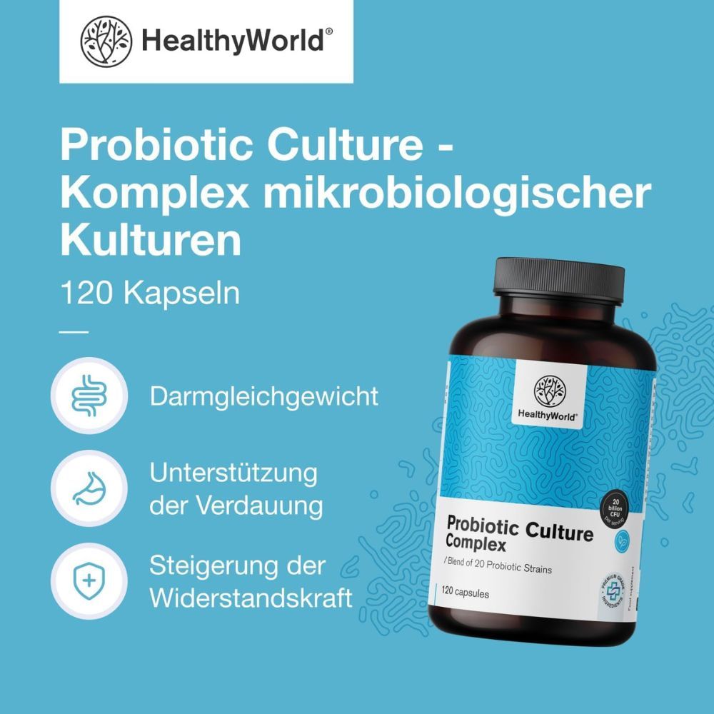 Flasche Probiotic Culture Complex. Text: Komplex mikrobiologischer Kulturen. 120 Kapseln.