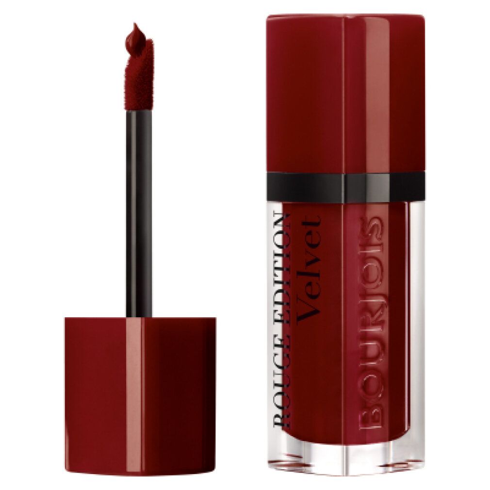 Lippenstift mit Applikator. Auf der Flasche steht ROUGE EDITION Velvet. Der Deckel ist rot.