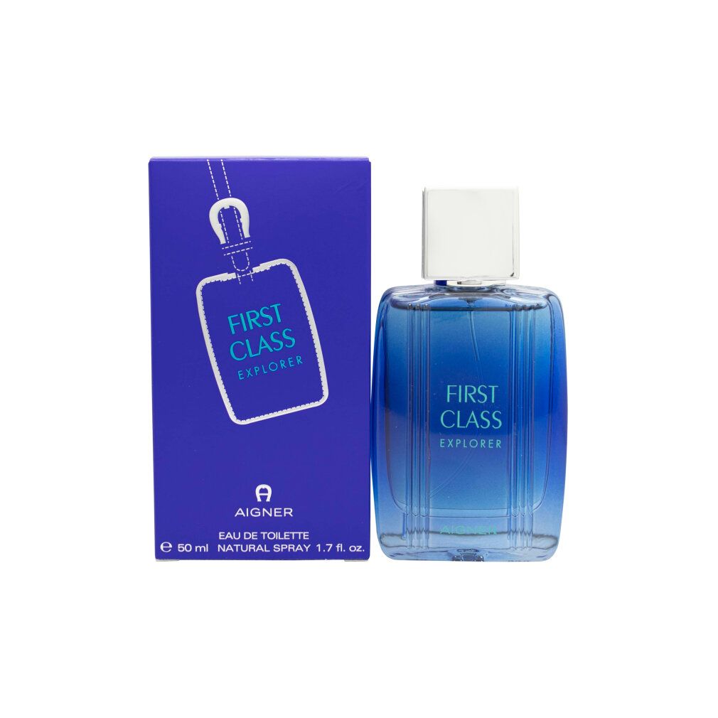 Aigner First Class Explorer Eau de Toilette Set mit Flakon und blauer Verpackung, Nahaufnahme.