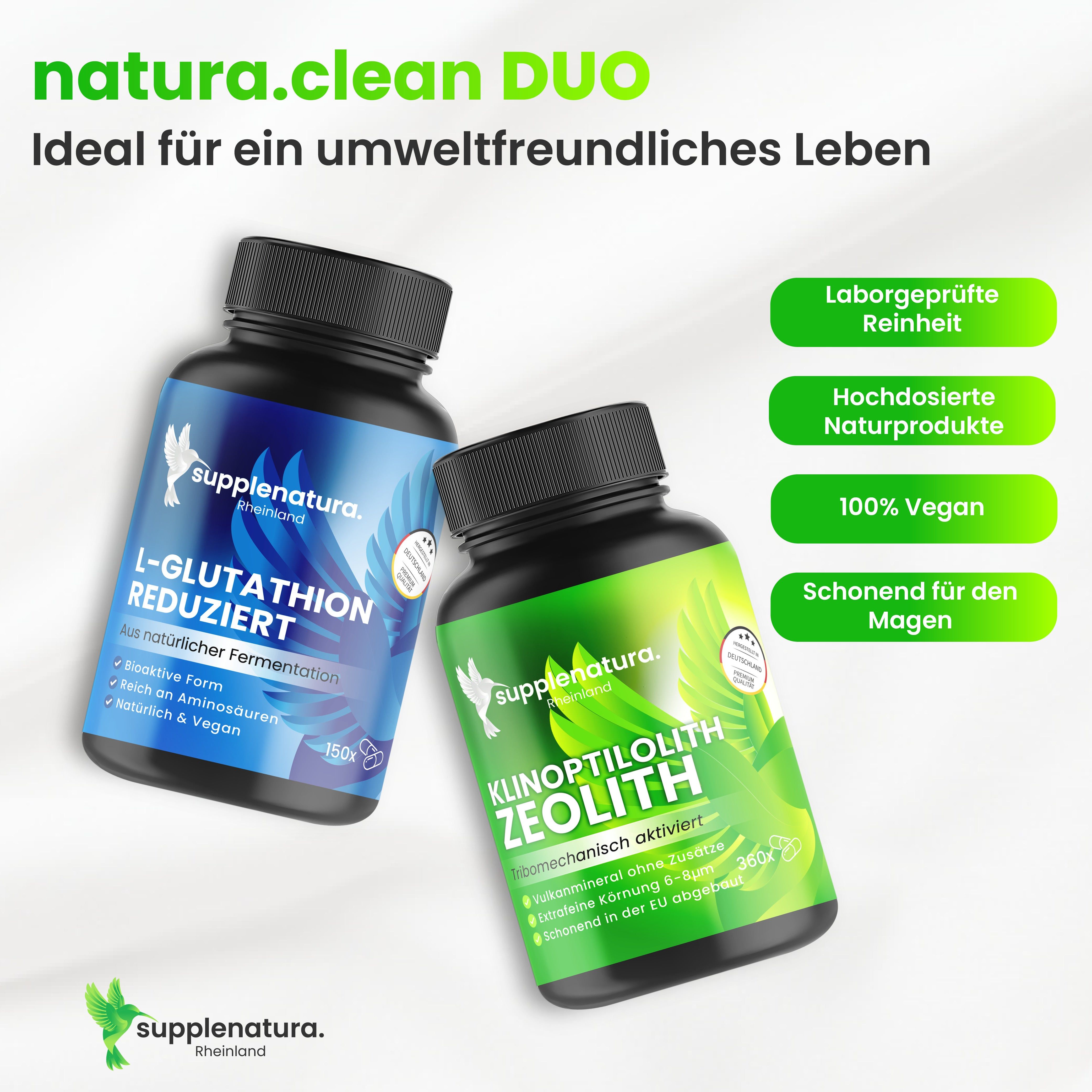 Zwei Flaschen mit Kapseln. Eine mit blauem, eine mit grünem Etikett. Text: supplenatura, L-Glutathion reduziert, Klinoptilolith Zeolith.