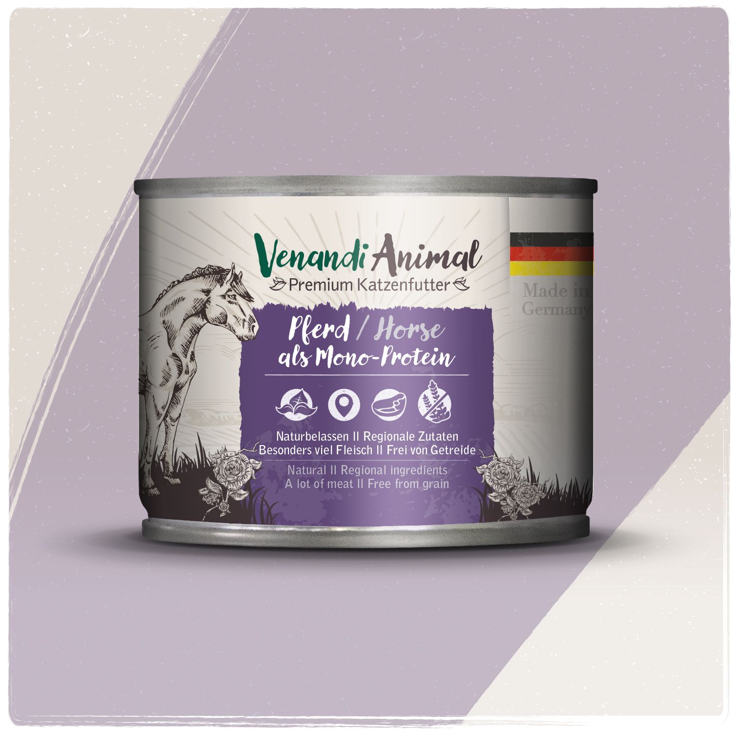 Eine Dose Venandi Animal Premium Katzenfutter mit Pferd als Mono-Protein. Mit Pferdeabbildung und deutschen Flaggen. "Made in Germany" auf der Seite.