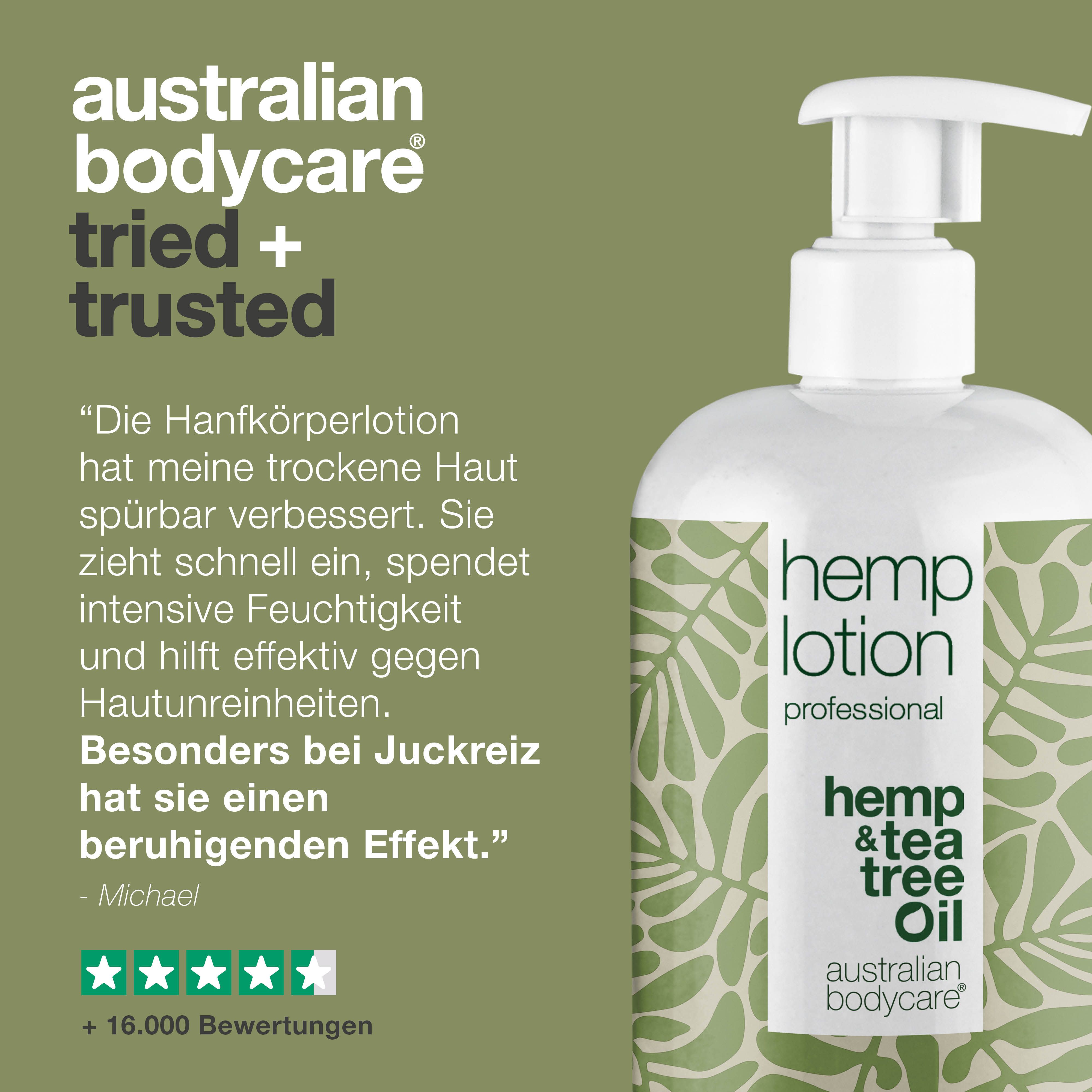 Produktflasche mit Text: Zitat, trockene Haut verbessert, zieht schnell ein, intensive Feuchtigkeit, hilft gegen Hautunreinheiten.