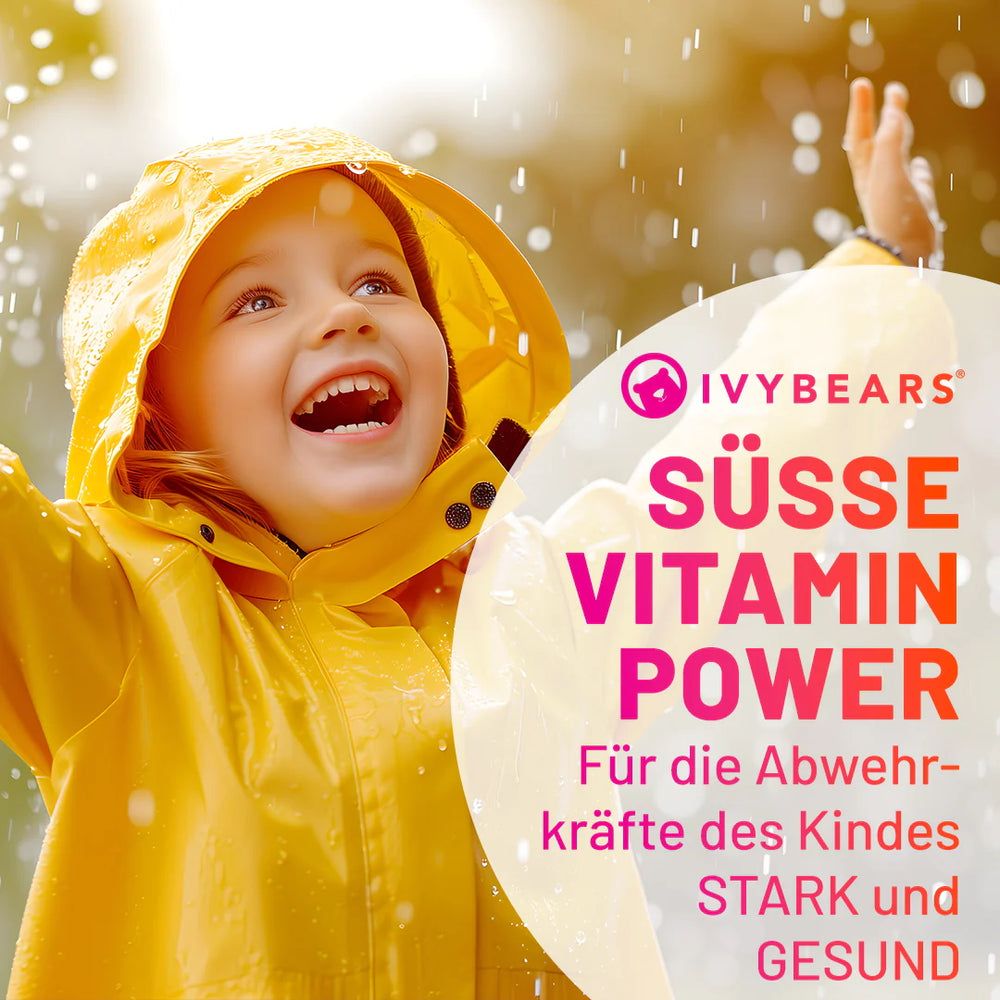 Kind in gelber Jacke im Regen. Text: IVYBEARS, Süße Vitamin Power, für die Abwehrkräfte des Kindes.