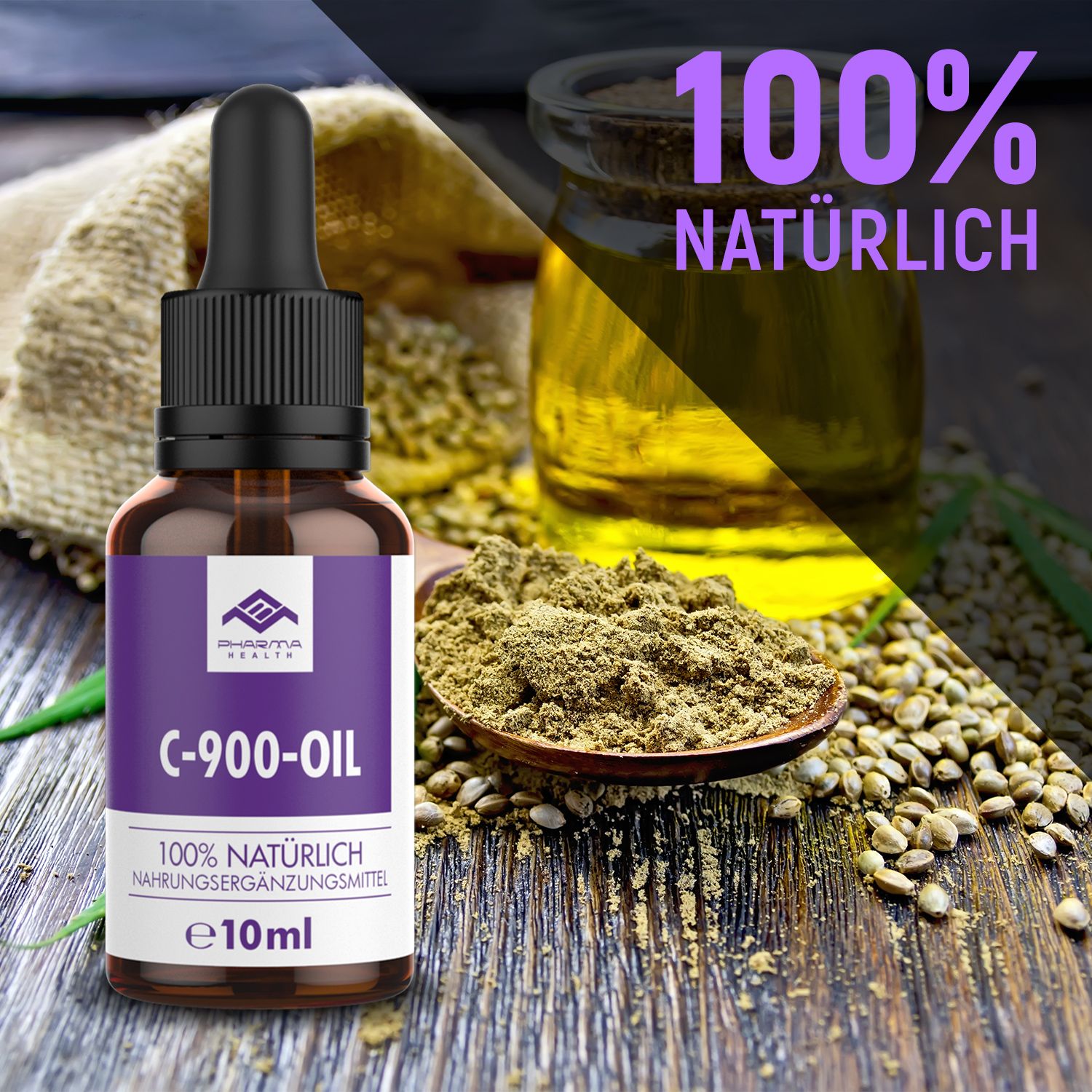 Produktflasche neben Hanfsamen und Öl. Auf dem Etikett steht "C-900-OIL" und "100% NATÜRLICH".
