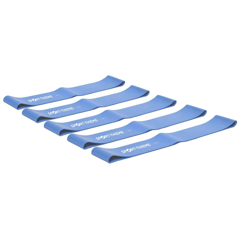 Sechs blaue Sport-Thieme-Gummibänder. Weiße Schrift: Sport-Thieme und Level-Angaben. Schräge Ansicht.