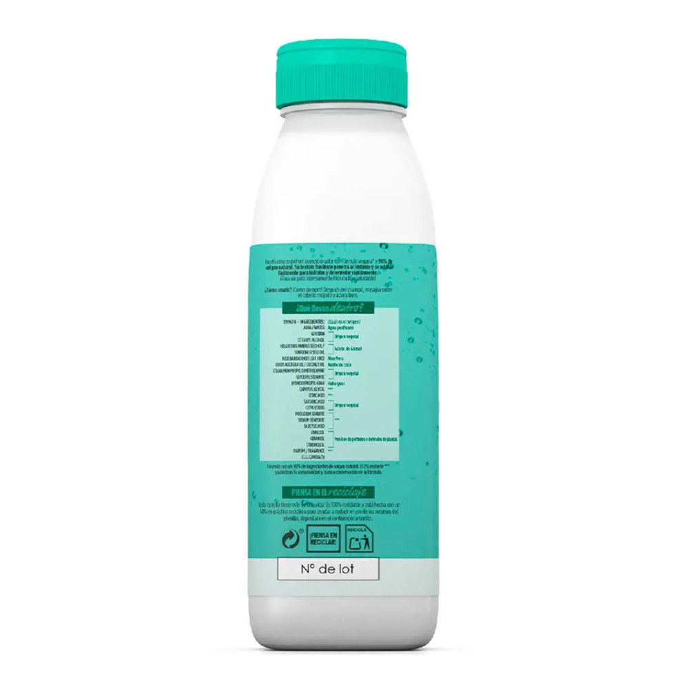 Flasche mit grünem Deckel und Etikett. Text in mehreren Sprachen. Rückseite des Produkts.