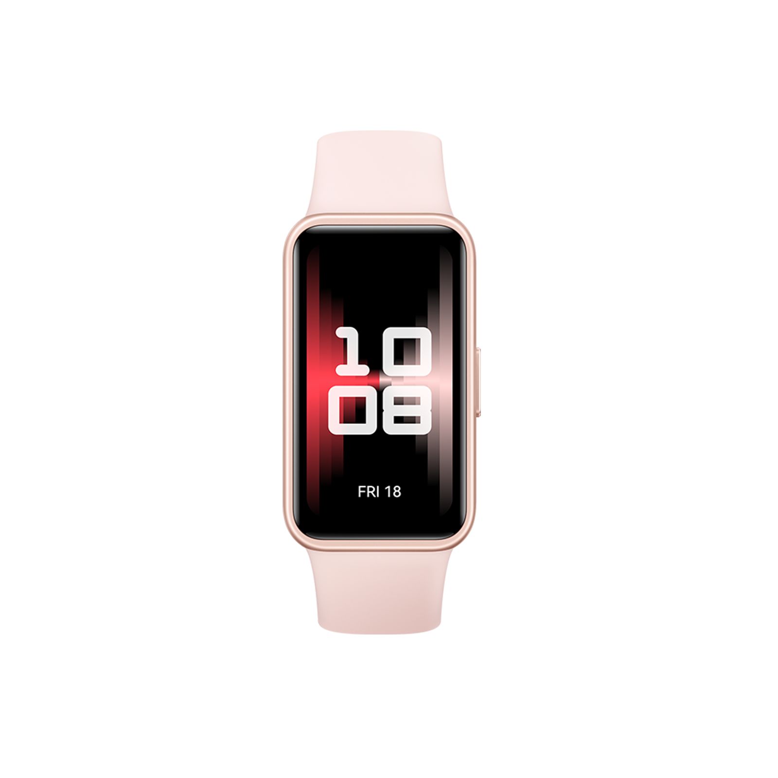 Fitness-Tracker mit rosa Armband. Schwarzes Display mit Uhrzeit und Datum. Rosa Armband.