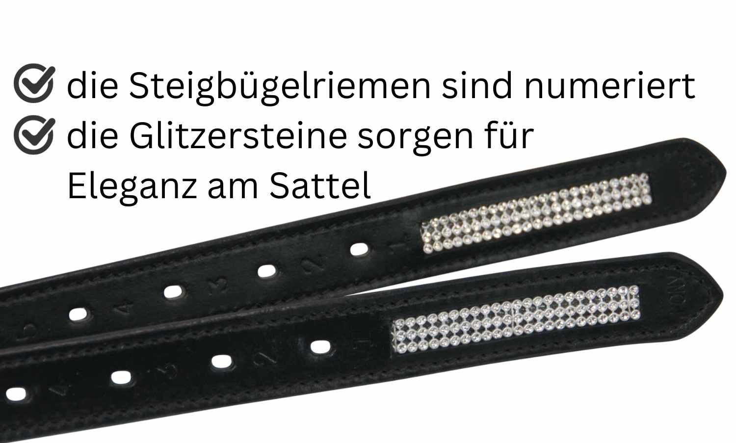 AMKA Leder Steigbügelriemen mit Glitzersteinchen, schwarz 130 oder 150 cm