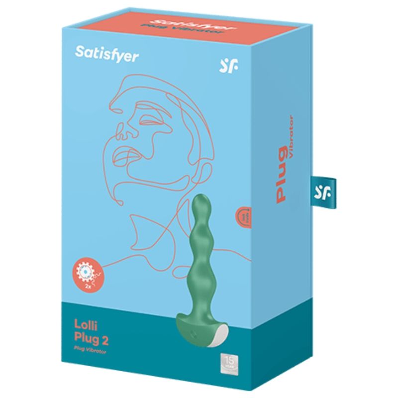 Blau-orangefarbene Verpackung. Produkt: grüner Plug. Aufschrift: Satisfyer, Lolli Plug 2, Vibrator.