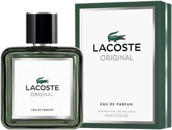 Flakon und Verpackung von Lacoste Original Uomo Eau de Parfum. Grünliche Glasflasche mit schwarzem Verschluss. Weißer Aufkleber mit Logo und Schriftzug.