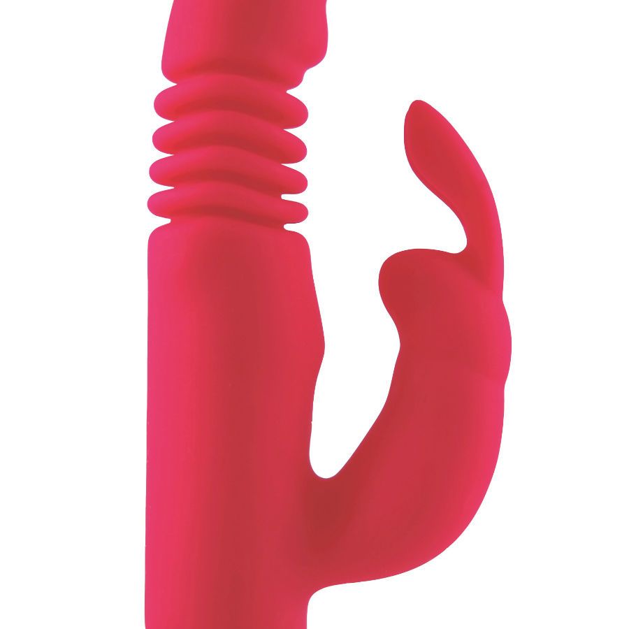Nahaufnahme eines rosa Vibrators mit geriffelter Spitze und Hasenohren-Design.