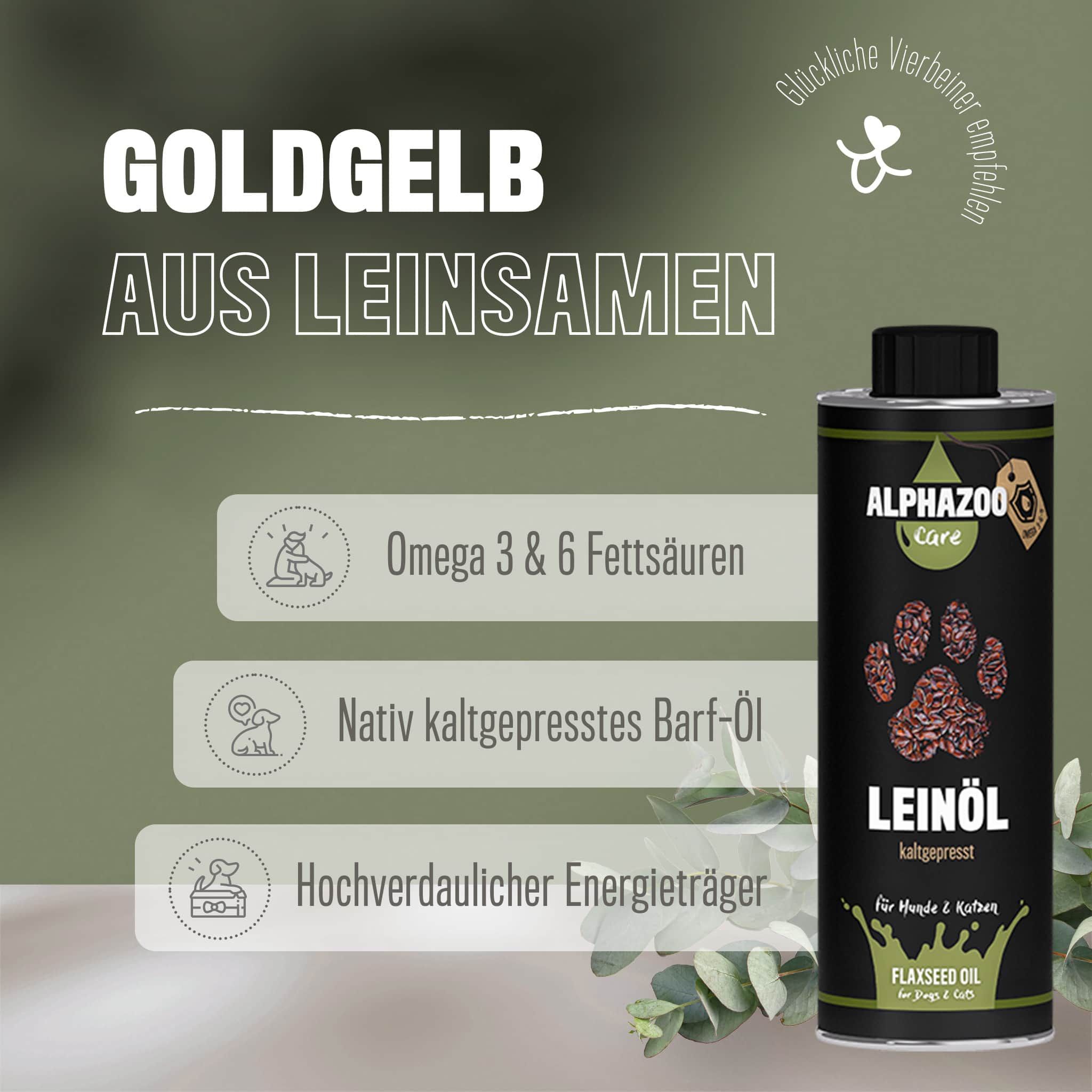 ALPHAZOO Premium Leinöl 250ml I Hunde Katzen I Omega 3 Leinsamenöl kaltgepresst I Perfekt zum Barfen