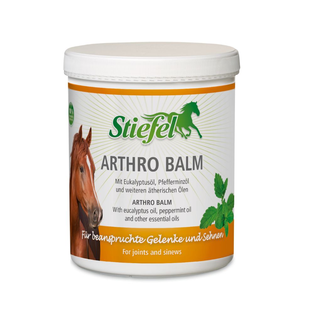 Weißer Behälter mit "Arthro Balm"-Aufdruck, Pferd-Illustration, grüne Blätter. Produktname und Text in Deutsch und Englisch.
