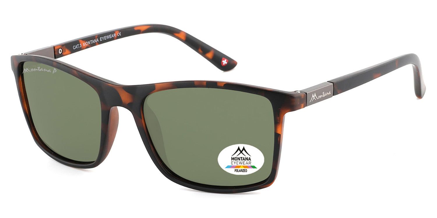 Sonnenbrille mit braunem Rahmen und grünen Gläsern. Montana Eyewear Logo auf dem Glas. Seitliche Ansicht.