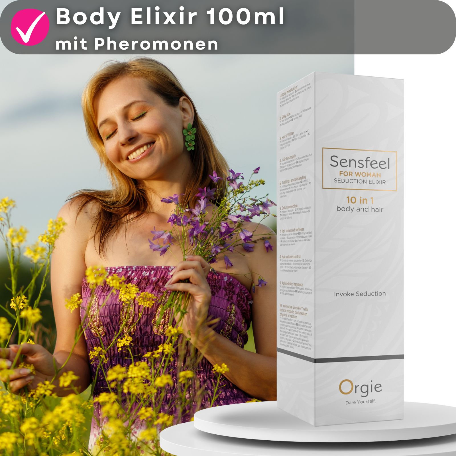 Produkt Sensfeel und Verpackung neben einer Frau mit Blumen. Text: Body Elixir 100ml mit Pheromonen.