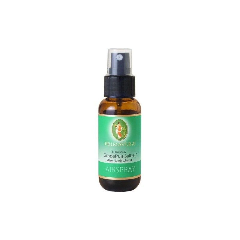 Braunglas-Sprühflasche mit grünem Etikett. Aufschrift: Primavera, Bio-Airspray Grapefruit Salbei, AIRSPRAY.